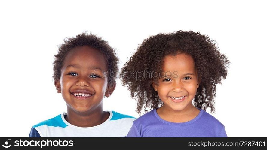 Two funny children laughing isolated on a white backround