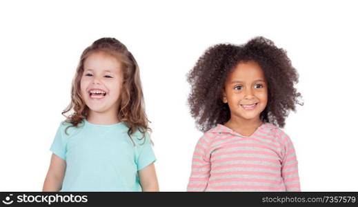Two funny children laughing isolated on a white backround