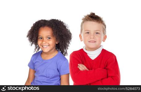 Two funny children looking at camera isolated on a white backround