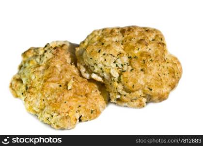 Two garlic cheese biscuits on white background.
