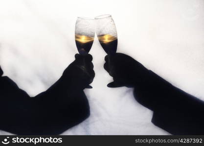 Two gay men toasting their wedding with champagne. Silhoette taken outdoors behind a screen, with abstract shapes of trees and foliage blurred in background.