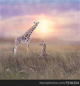 Two giraffes in grassland at sunset