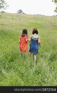 Two girls (7-9) holding hands in field
