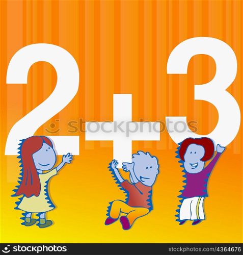 Two girls and a boy playing with mathematical numbers