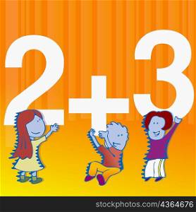 Two girls and a boy playing with mathematical numbers