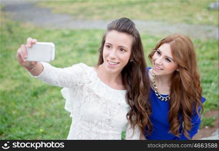 Two girls by becoming a photo with the phone in the park for upload to social networks