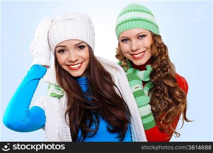 Two girls in bright and warm winter wear