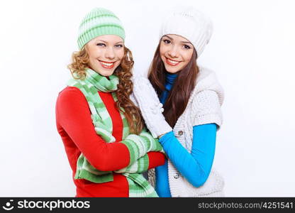 Two girls in bright and warm winter wear