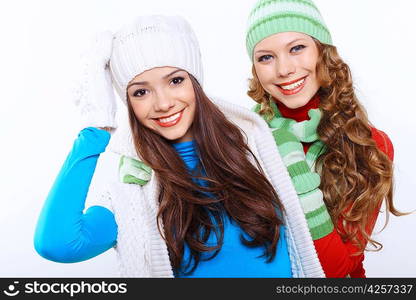 Two girls in bright and warm winter wear