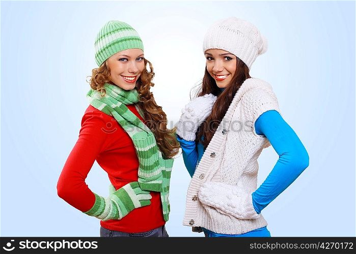 Two girls in bright and warm winter wear