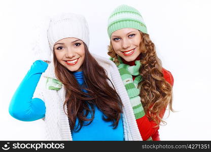 Two girls in bright and warm winter wear