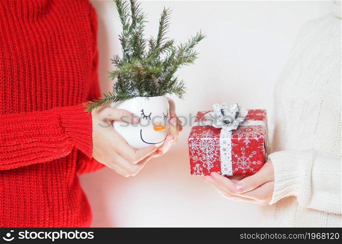 two girls in knitted woolen sweaters in white and red give each other gifts.