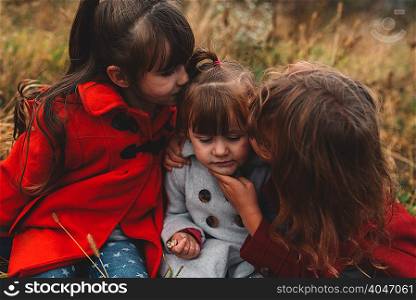 Two girls kissing toddler sister in field
