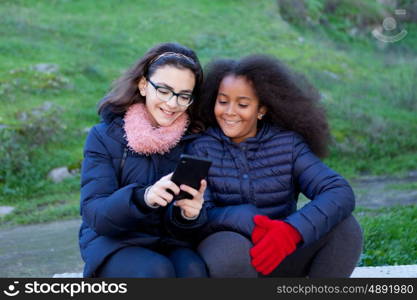 Two girls looking at the mobile in the park.