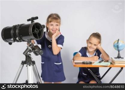 Two girls mysteriously astronomers thinking
