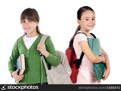 Two girls students returning to school on a white background