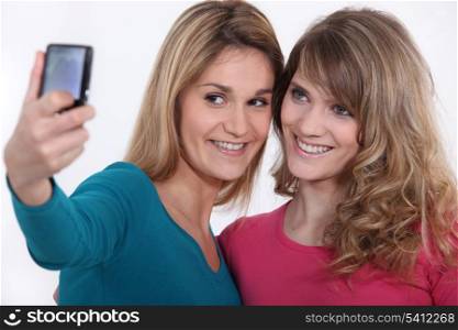 Two girls taking a picture of themselves.