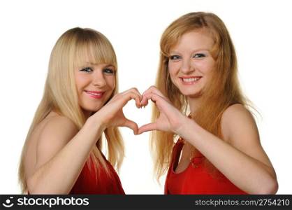 Two girls with the abstract form of heart made by hands. It is isolated on a white background. Selective focus
