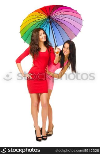 Two girls with umbrella isolated
