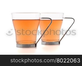 Two glass cups of black tea isolated on white background.