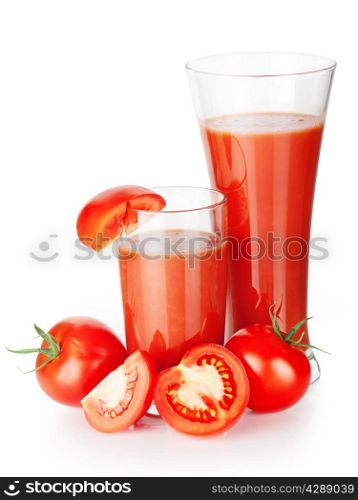 Two glasses of tomato juice with tomatoes isolated on white background