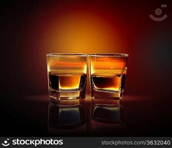 Two glasses of whiskey with sea illustration in against sky background