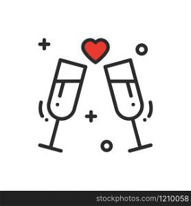Two glasses, romantic toast line icon. Wedding sign and symbol. Binge, drink, champagne, wine. Wedding birthday holidays event greetings love theme. Two glasses, romantic toast line icon. Wedding sign and symbol. Binge, drink, champagne, wine. Wedding birthday holidays event greetings love theme.
