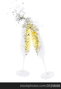 two glasses with splashing champagne