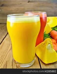 Two glassfuls with pumpkin and carrot juice, vegetables on background of wooden boards