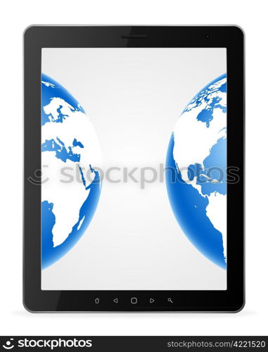 Two globes on the white screen of tablet pc. EPS8 vector illustration