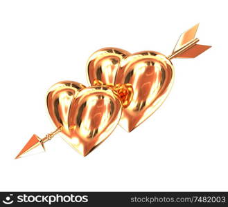 Two gold heart pierced by a golden arrow isolated on white background. Cupid&rsquo;s arrow. 3d illustration.