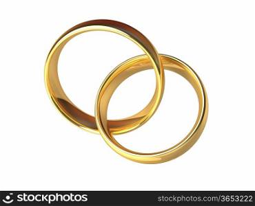 Two gold rings linked together, laced rings, isolated white background, 3d render