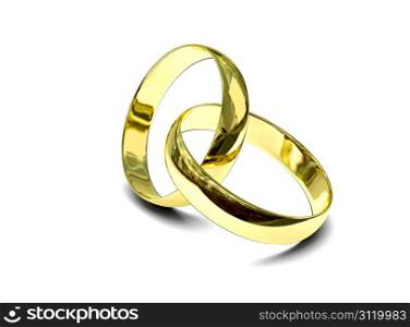 Two gold rings over white background