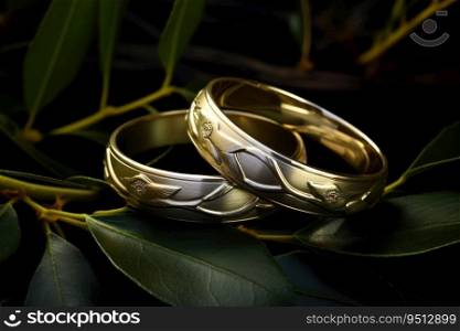 Two gold wedding rings are lying on a tree. Wedding rings. Rings of the bride and groom. Wedding gold rings are lying on a tree