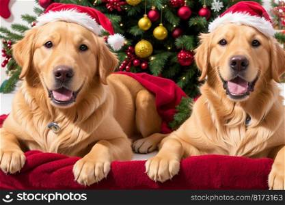 Two Golden Retriever wearing a Santa hat,generative ai