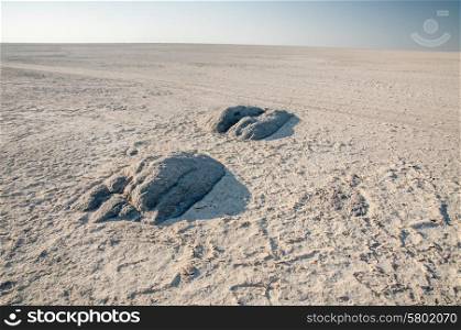 Two granite rock extrusions are visible close by, after which nothing but sand till the horizon inside the Makgadikgadi Salt Pan in Botswana.