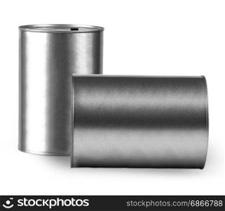 Two gray metal cans for storing liquids on white background