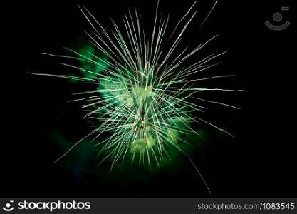 Two Green Sparkling Fireworks Background on Night Scene. Abstract color fireworks background and smoke on sky