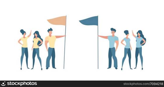 Two groups of people women and men in different teams holding a flag. Modern flat vector illustration for presentation.