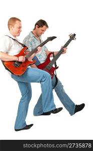 Two guitarists with leg up