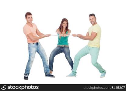 Two guys competing for a girl pulling a rope isolated on a white background