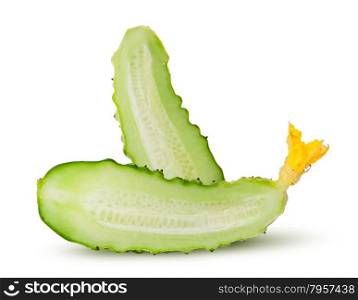 Two half of juicy green cucumber isolated on white background