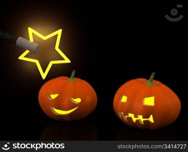 two halloween pumpkins with magic wand. 3d