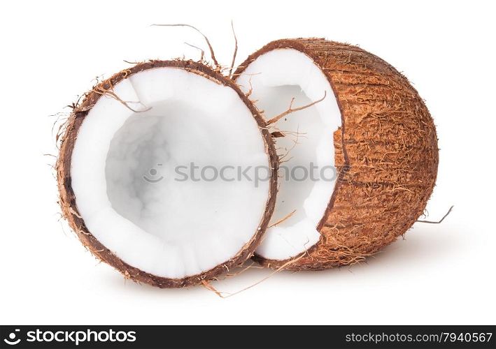 Two halves of coconut isolated on white background