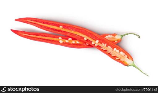 Two halves of red chili peppers isolated on white background