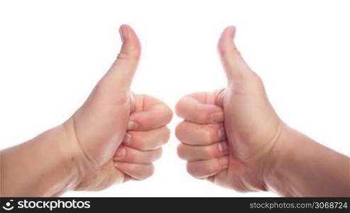 Two hands appearing on white background and showing thumbs up, disappearing at the end