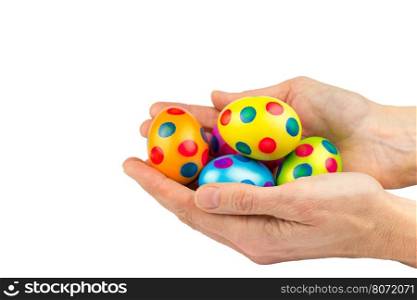 Two hands filled with painted chicken easter eggs isolated on white background