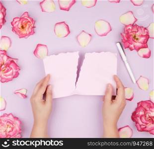 two hands hold an empty pink sheet torn from a notebook and tear it apart against the background of blooming rose buds