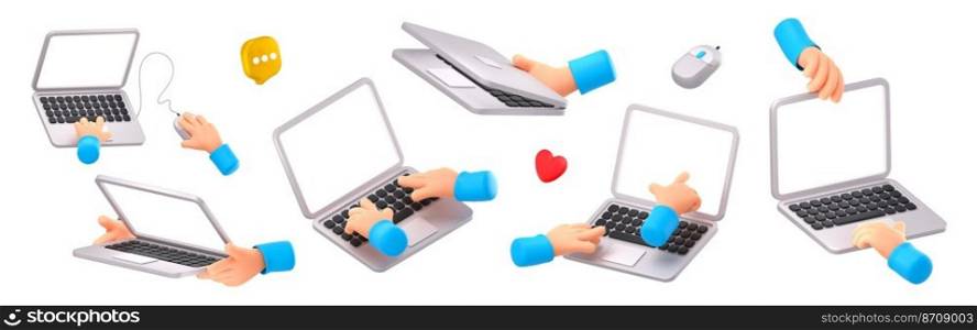 Two hands hold laptop, typing on keyboard, use mouse, show blank screen. Man uses notebook computer, points on empty white screen, 3d render illustration isolated on white background. Two hands hold laptop computer with blank screen