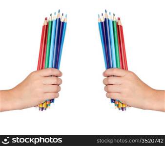 Two hands holding many colored pencils isolated on white background